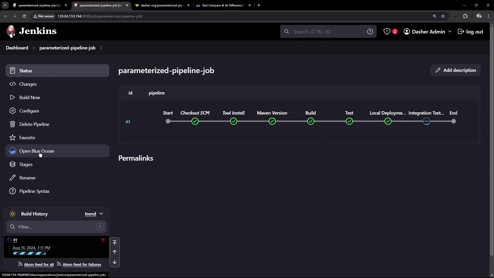 The image shows a Jenkins dashboard displaying the progress of a parameterized pipeline job with various stages like "Checkout SCM," "Tool Install," and "Build," all marked as completed.