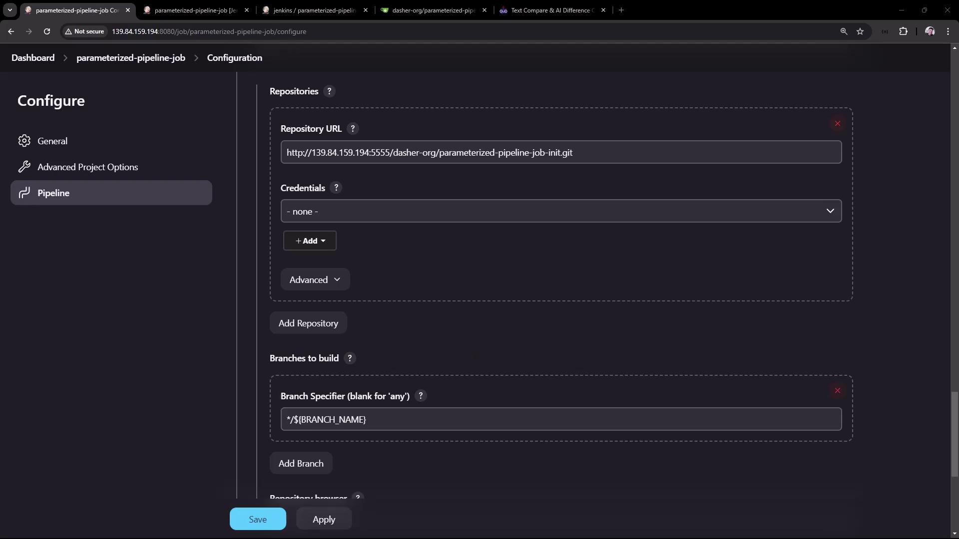 The image shows a Jenkins configuration screen for a parameterized pipeline job, including fields for repository URL, credentials, and branch specifier.