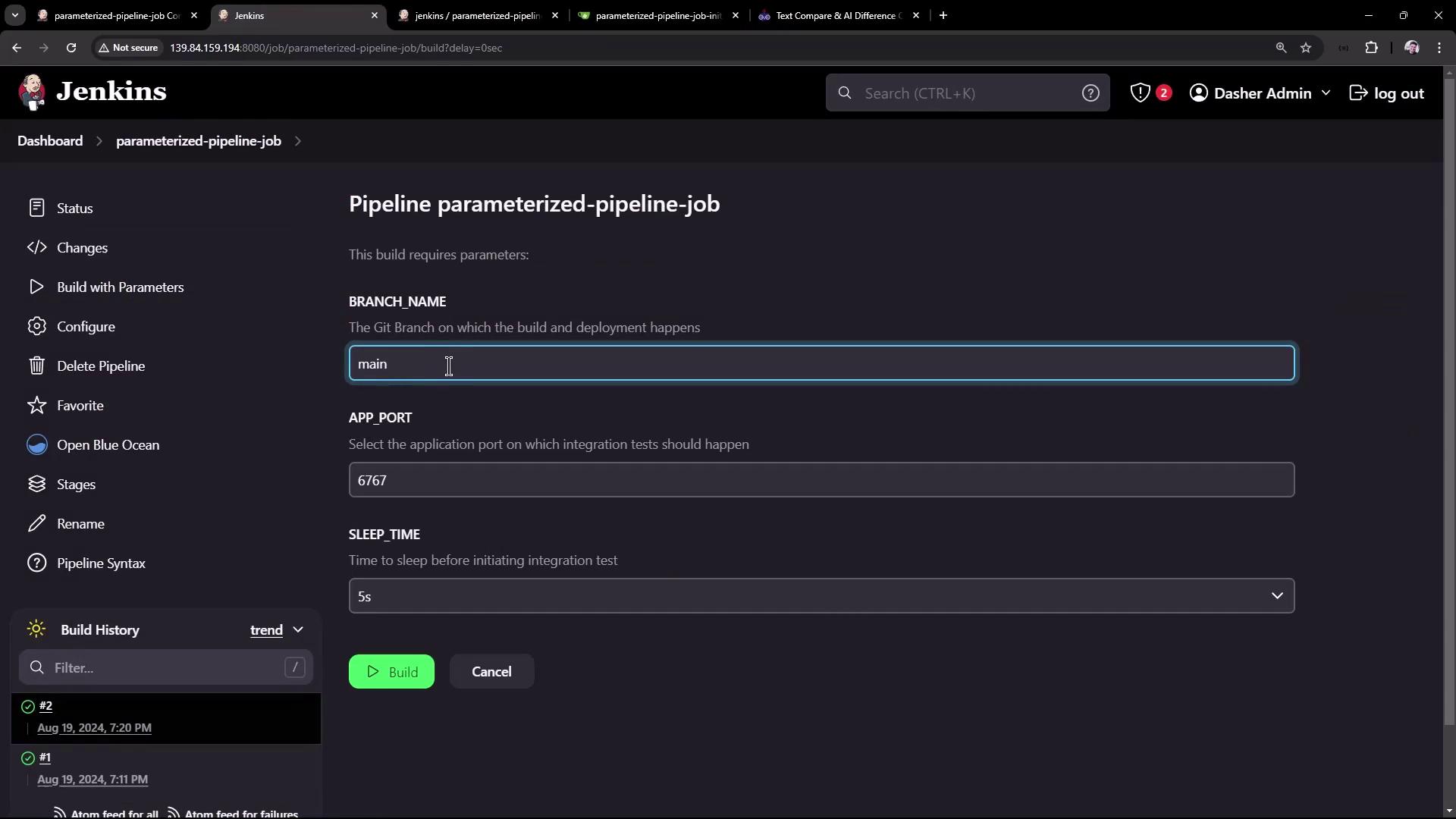 The image shows a Jenkins interface for a parameterized pipeline job, where users can input parameters like branch name, app port, and sleep time before building.