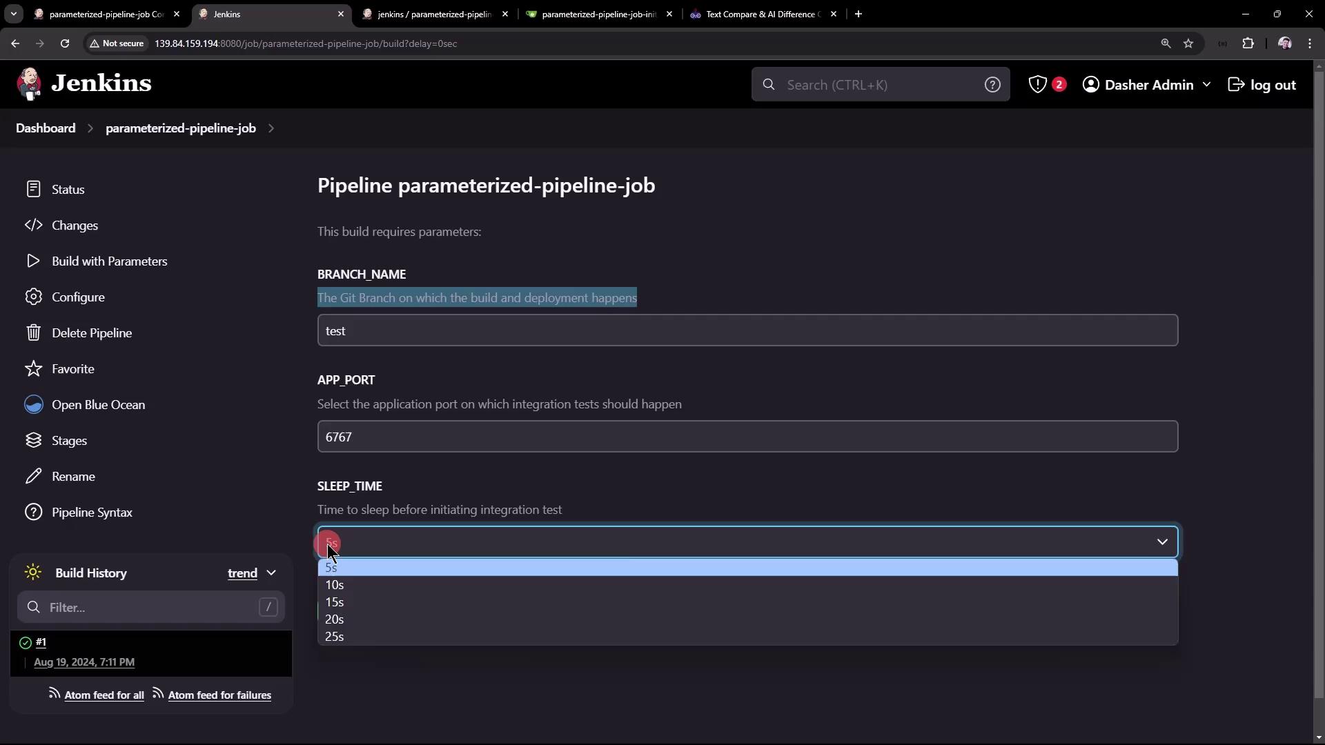 The image shows a Jenkins interface for a parameterized pipeline job, where users can set parameters like branch name, app port, and sleep time before initiating an integration test.
