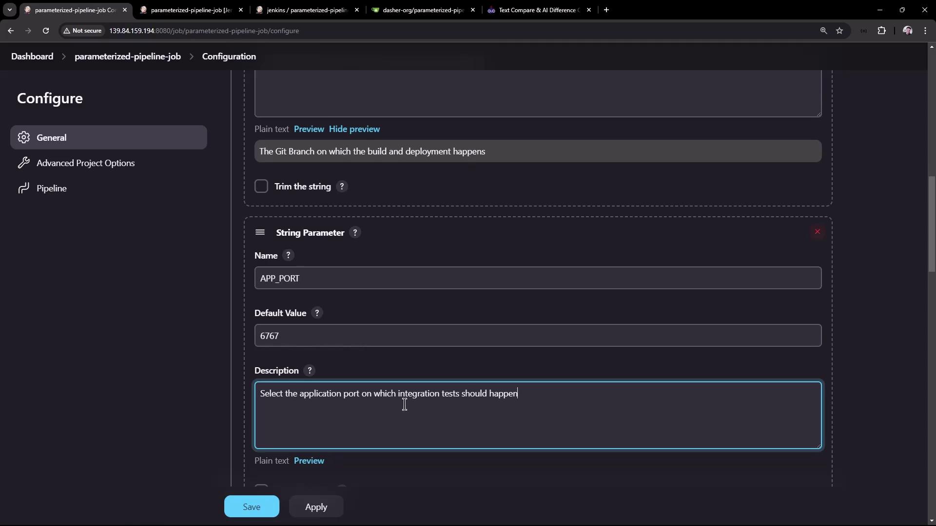 The image shows a configuration screen for a parameterized pipeline job, with settings for a string parameter named "APP_PORT" and a default value of "6767".