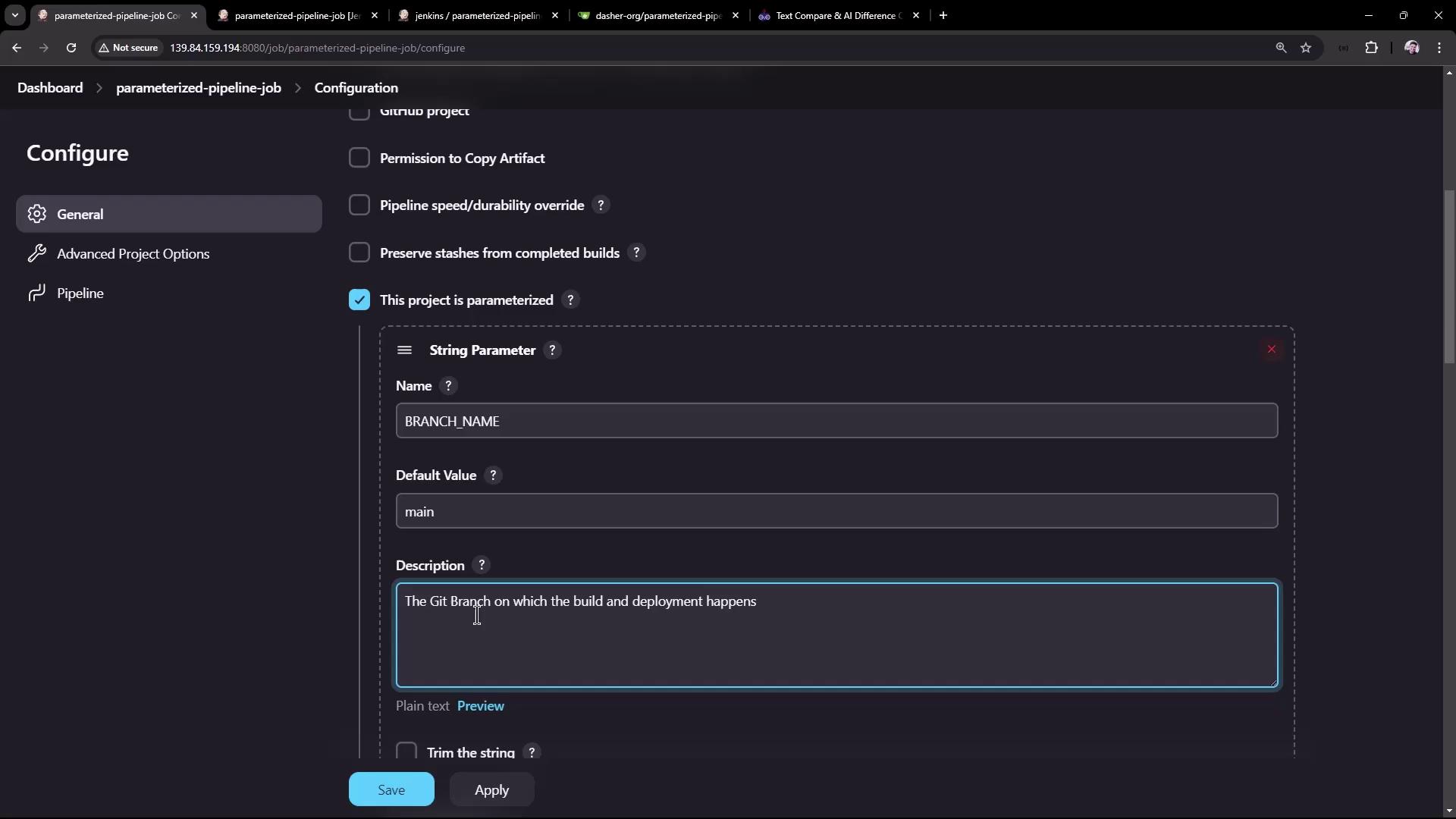 The image shows a configuration screen for a parameterized pipeline job, with options to set a string parameter for a Git branch name, default value, and description.