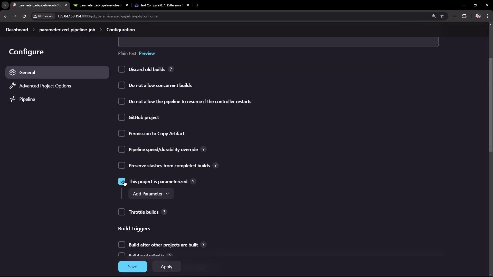 The image shows a configuration screen for a parameterized pipeline job, with various options and settings available for selection, such as build triggers and project parameters.
