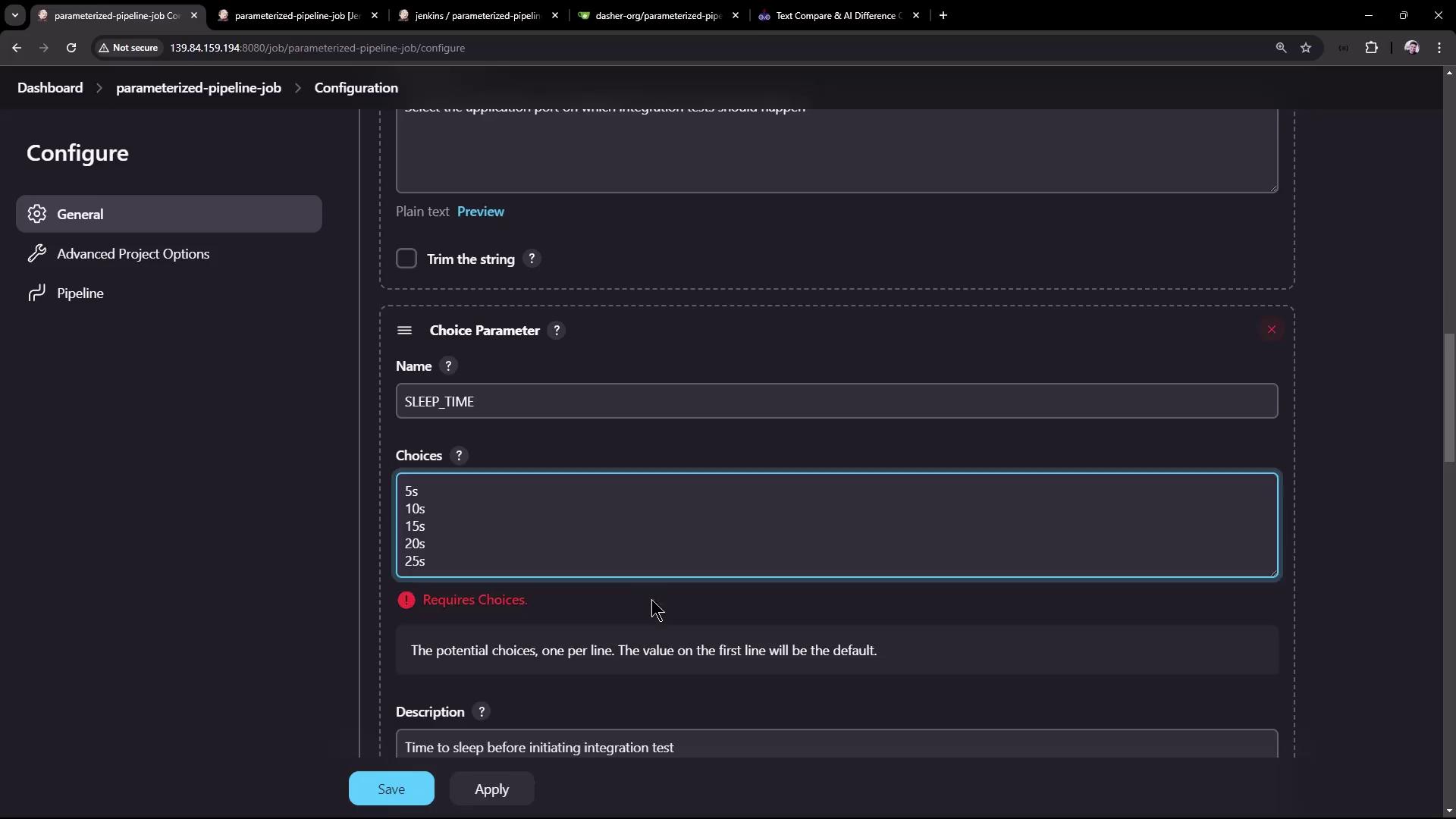 The image shows a configuration screen for a parameterized pipeline job, where a choice parameter named "SLEEP_TIME" is being set with options ranging from 5s to 25s. There is a warning indicating that choices are required.