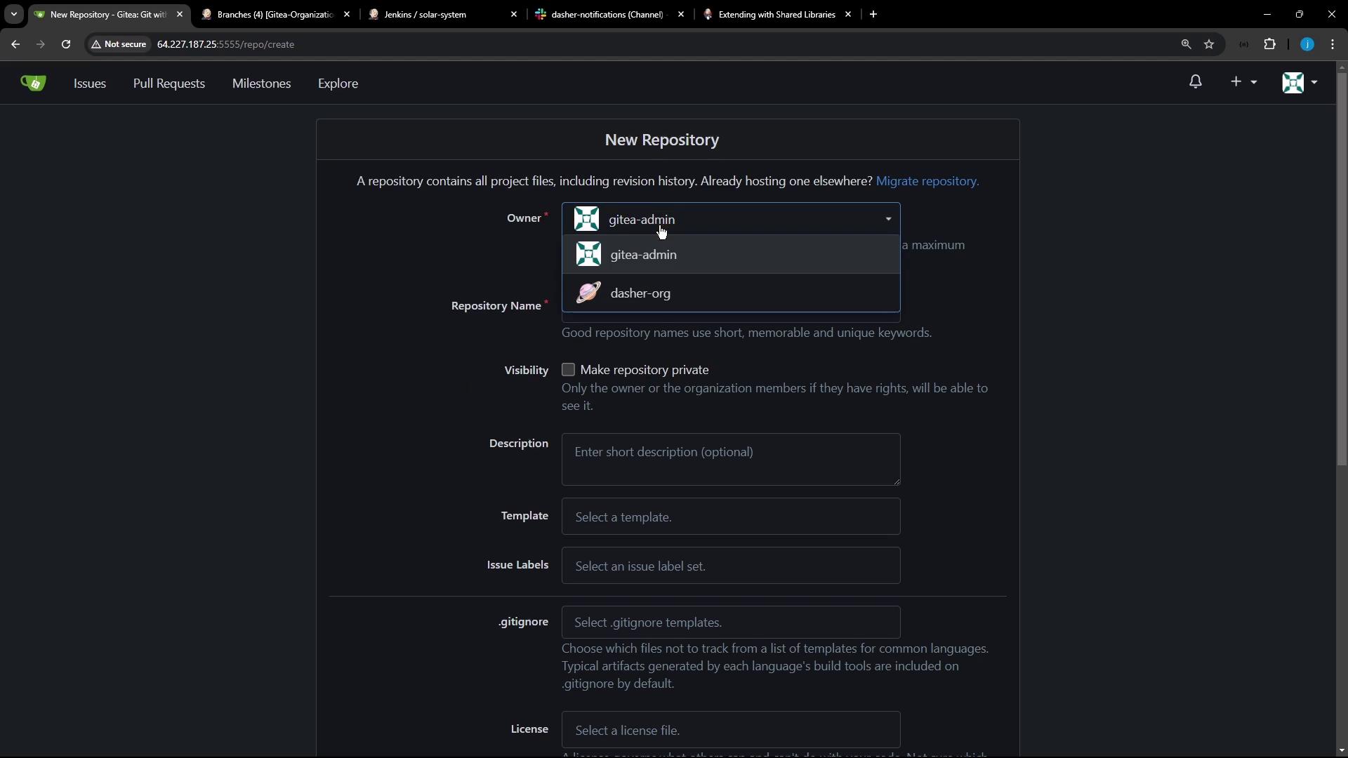 The image shows a "New Repository" creation page on Gitea, where the user can select the owner, repository name, and other settings like visibility, description, and templates.