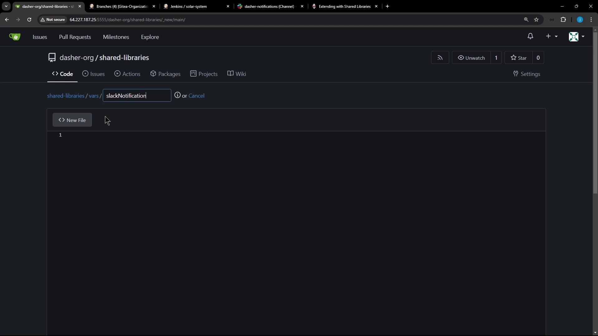 The image shows a web interface for a code repository named "shared-libraries" under "dasher-org," with a file path for creating a new file called "slackNotification."