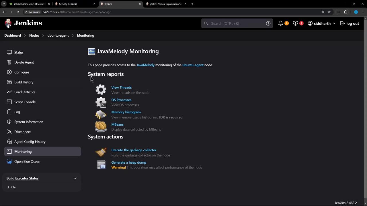 The image shows a Jenkins dashboard with JavaMelody Monitoring options for system reports and actions on an "ubuntu-agent" node. It includes options like viewing threads, OS processes, memory histograms, and executing system actions.