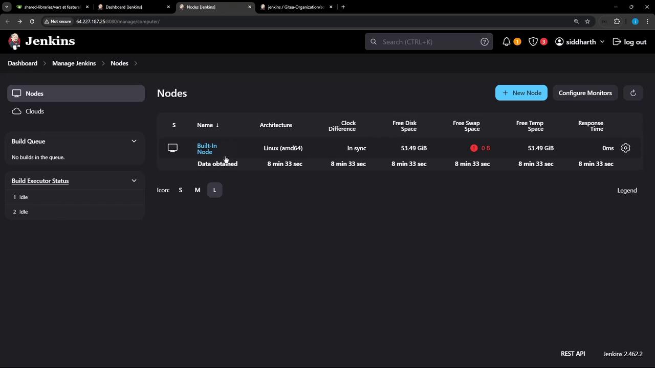 The image shows a Jenkins dashboard displaying node information, including architecture, clock difference, and disk space details. The interface is dark-themed with options to manage nodes and configure monitors.