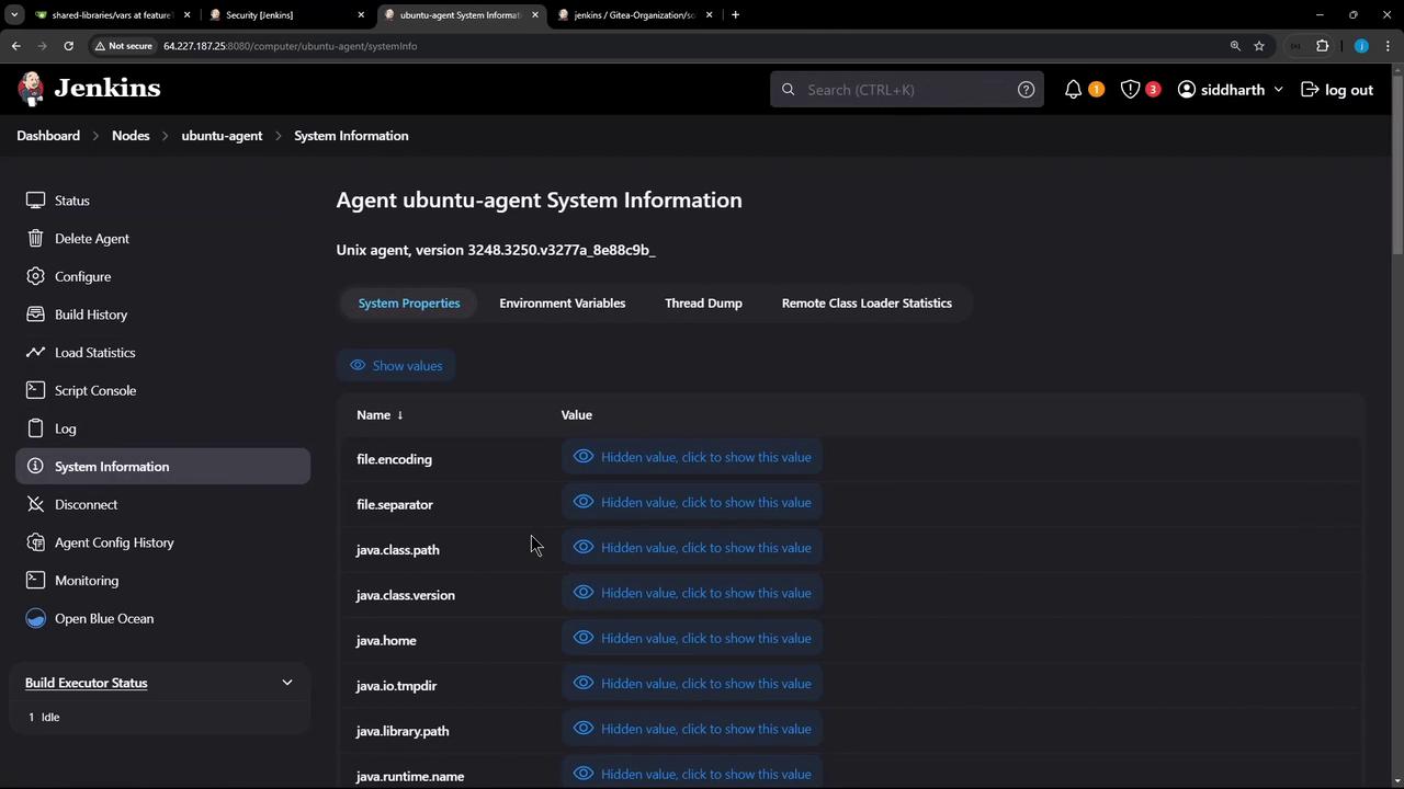 The image shows a Jenkins interface displaying system information for an "ubuntu-agent," with options to view system properties, environment variables, and other details. The sidebar includes various menu options like status, configure, and log.