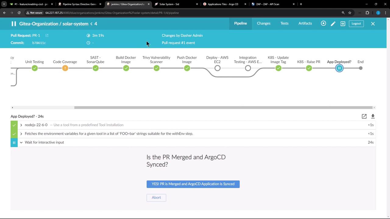 The image shows a Jenkins pipeline interface for a project named "solar-system" under "Gitea-Organization," displaying various stages of a CI/CD process, including unit testing, code coverage, and deployment steps. It also includes a prompt asking if the pull request is merged and ArgoCD is synced, with options to confirm or abort.