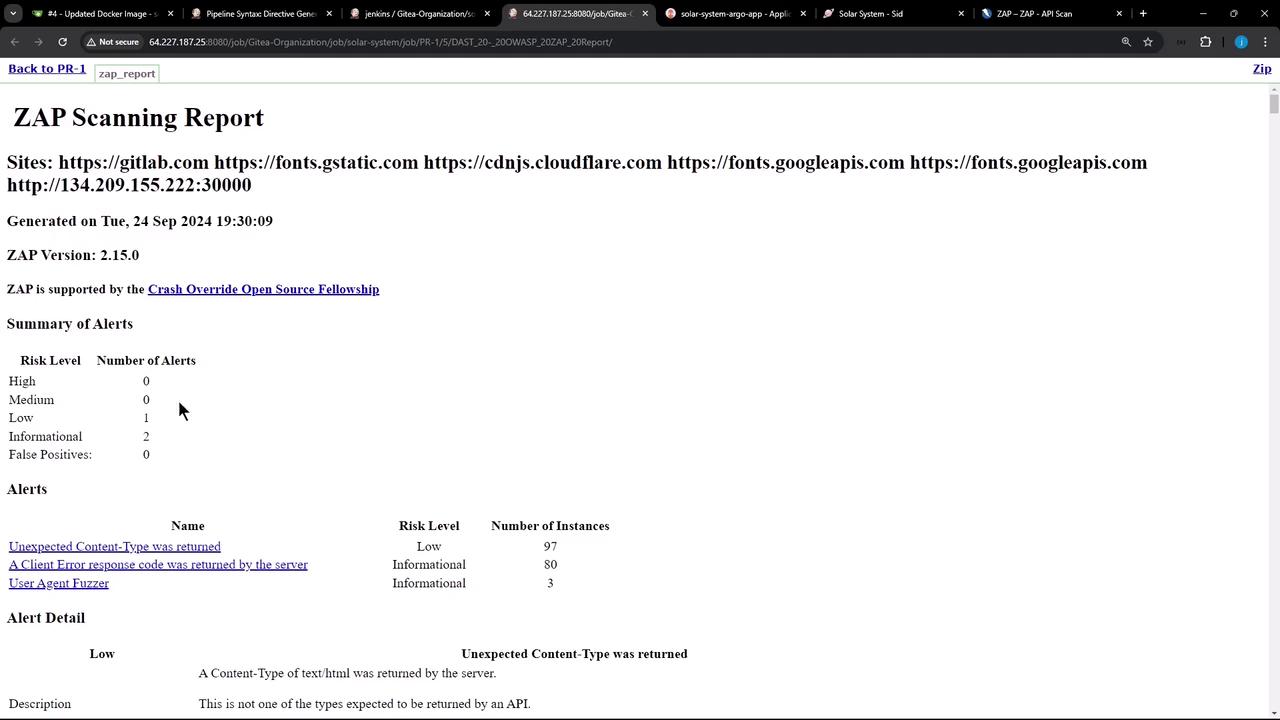 The image shows a ZAP Scanning Report detailing security alerts for various websites, with a summary indicating low and informational risk levels.