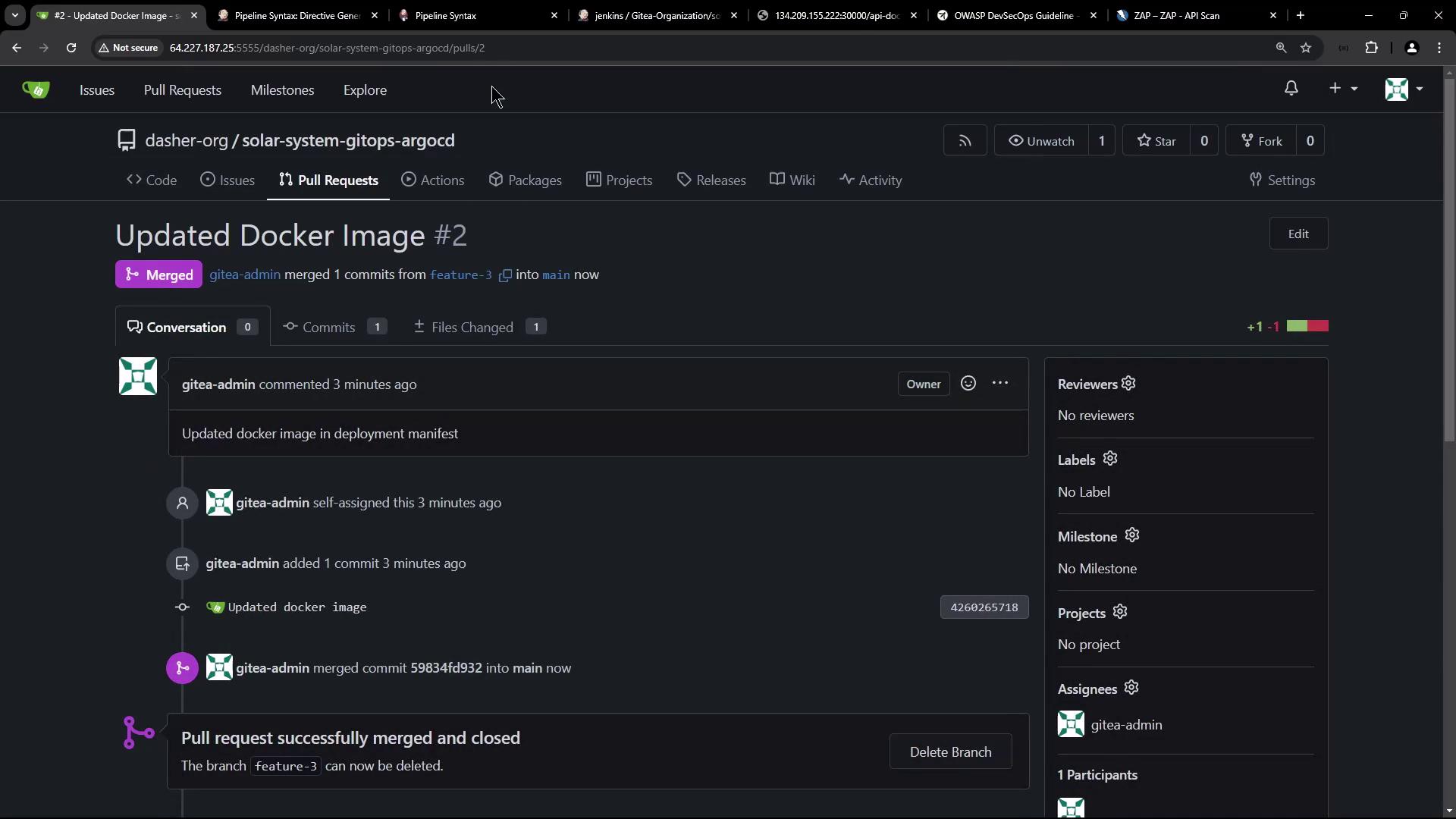 The image shows a GitHub pull request page where a Docker image update has been merged into the main branch. The pull request is titled "Updated Docker Image #2" and has been successfully merged and closed.