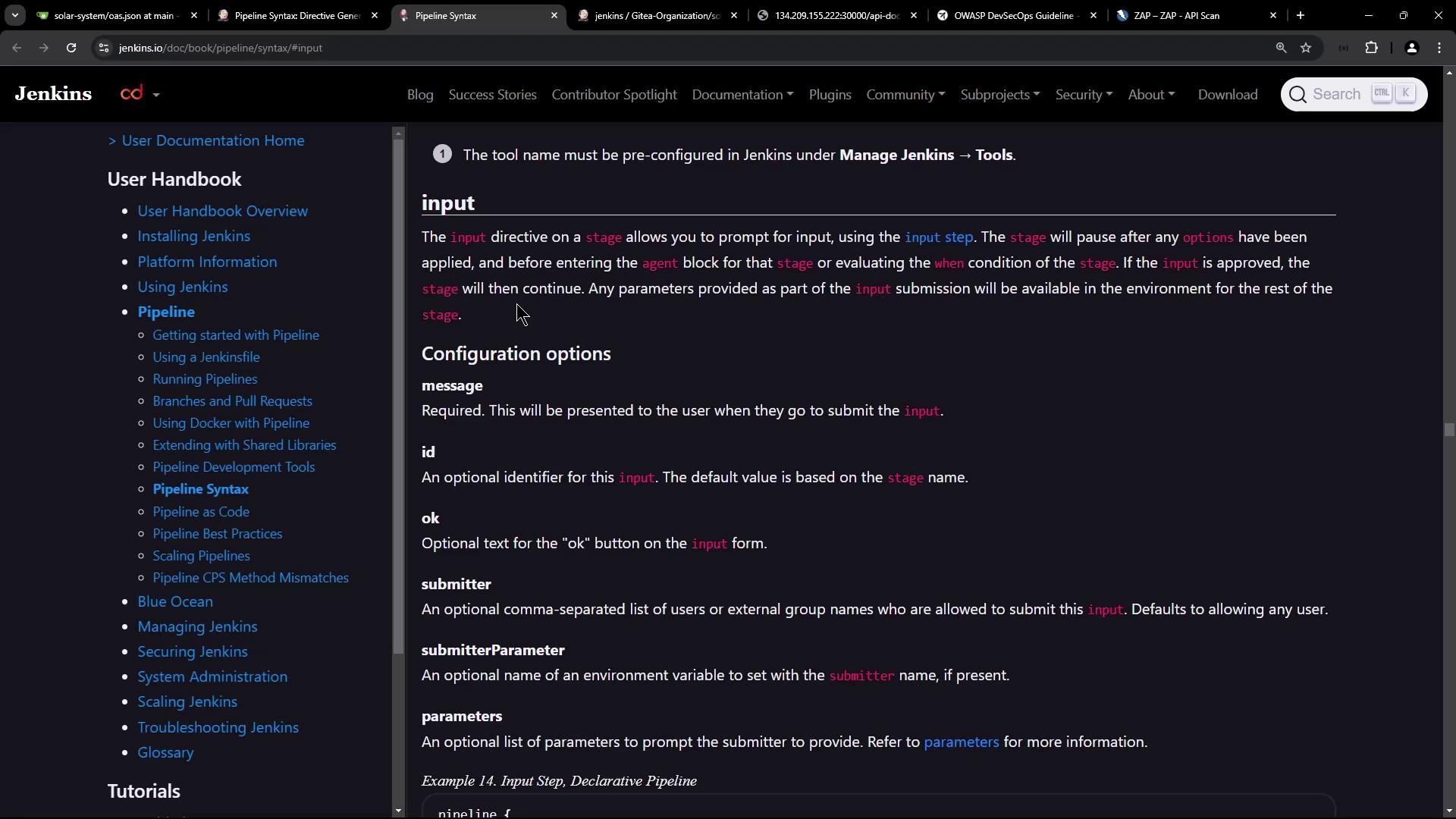 The image shows a webpage from the Jenkins documentation, specifically detailing the "input" directive in pipeline syntax. It includes configuration options and descriptions for using the input step in Jenkins pipelines.