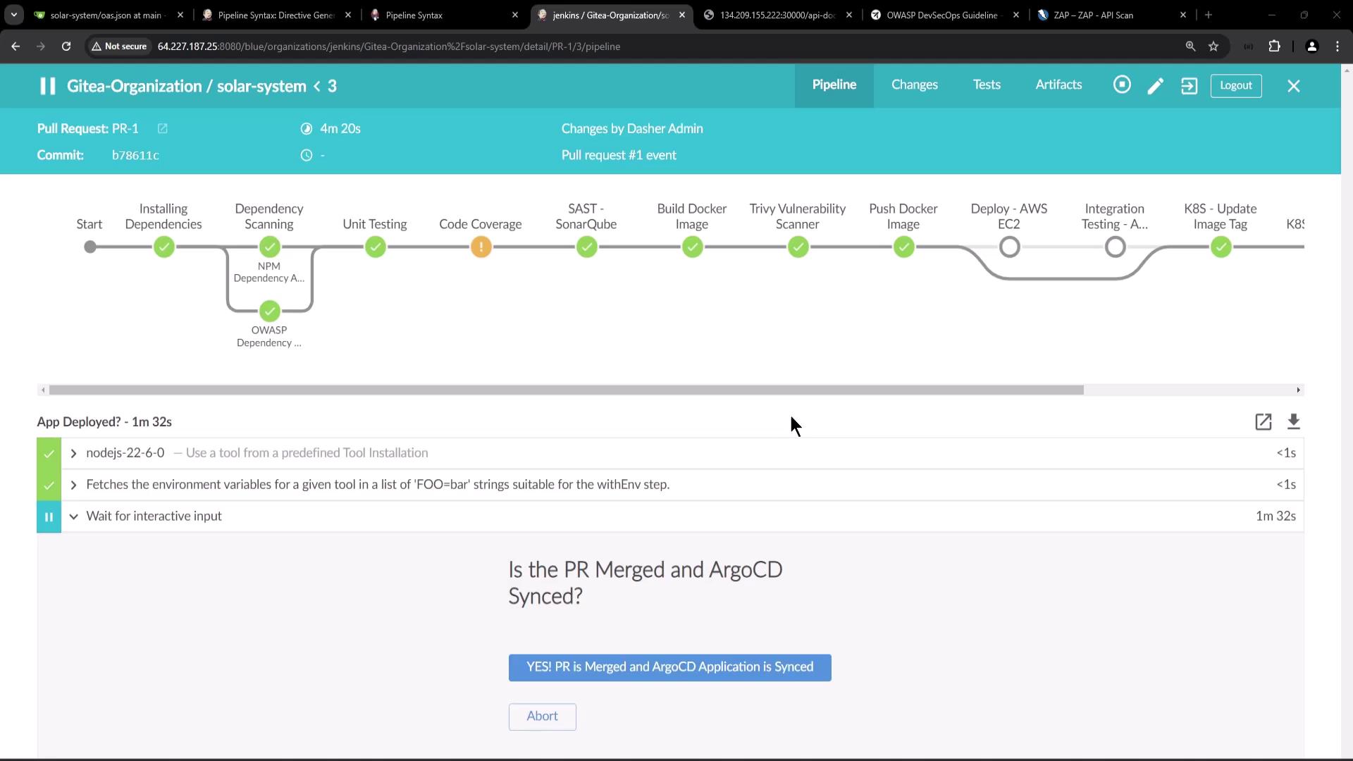 The image shows a Jenkins pipeline interface with various stages of a build process, including installing dependencies, unit testing, and deploying, with some stages marked as completed.