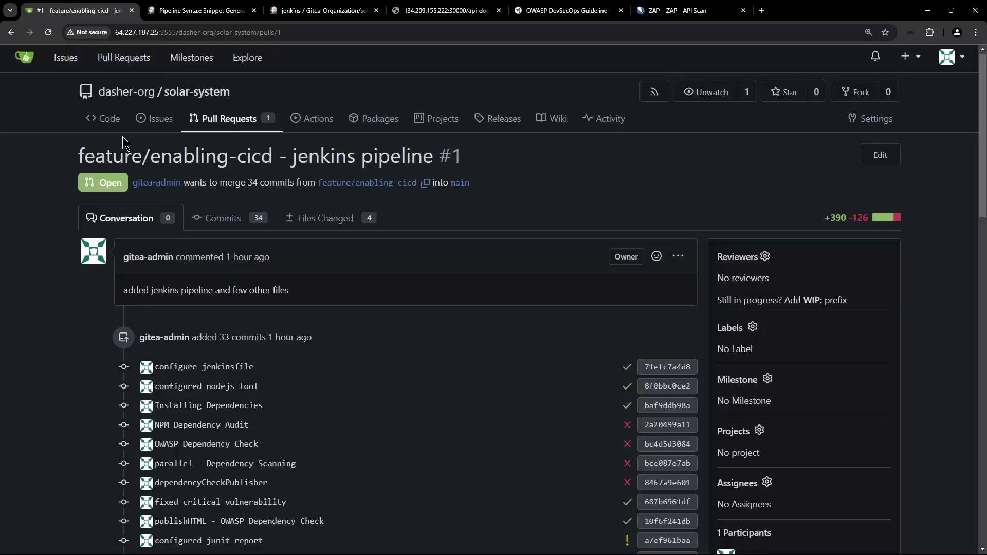 The image shows a pull request on a code repository platform, where a user is attempting to merge changes related to a Jenkins pipeline. It includes details about commits, files changed, and review status.