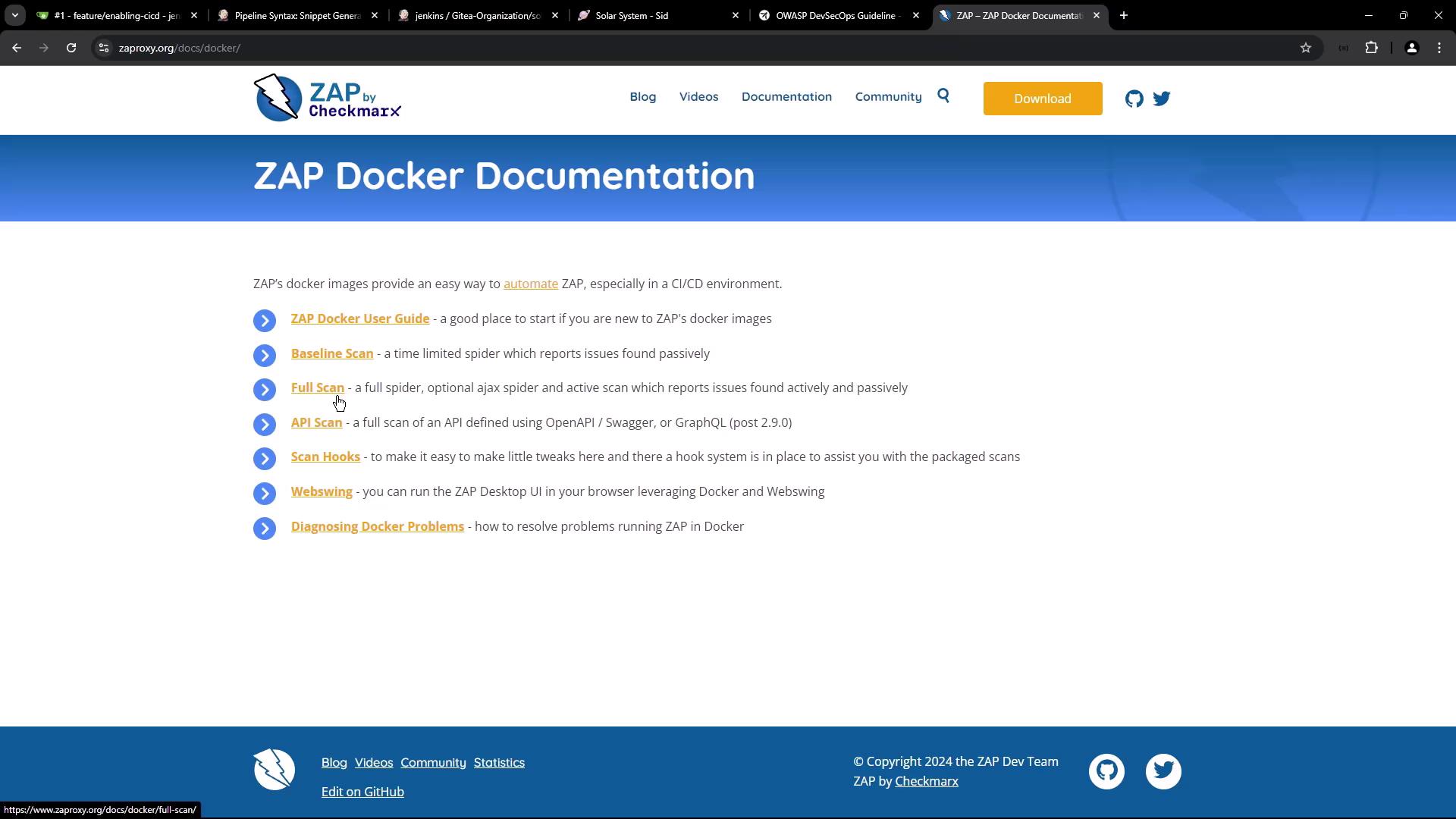 The image shows a webpage titled "ZAP Docker Documentation" with links to various guides and scans related to automating ZAP in a CI/CD environment. It includes sections like "Baseline Scan," "Full Scan," and "API Scan."