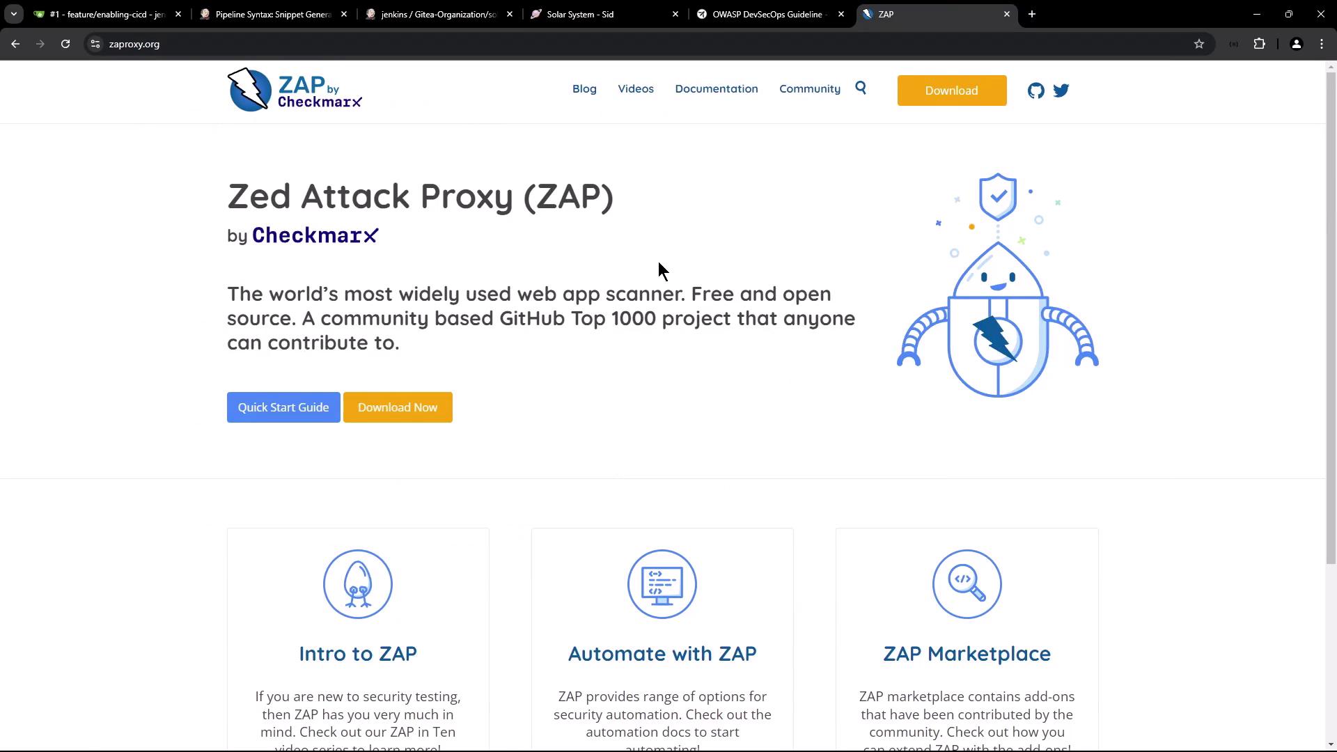 The image is a webpage for Zed Attack Proxy (ZAP) by Checkmarx, describing it as a widely used, free, and open-source web app scanner. It includes options to download the software and links to guides and documentation.