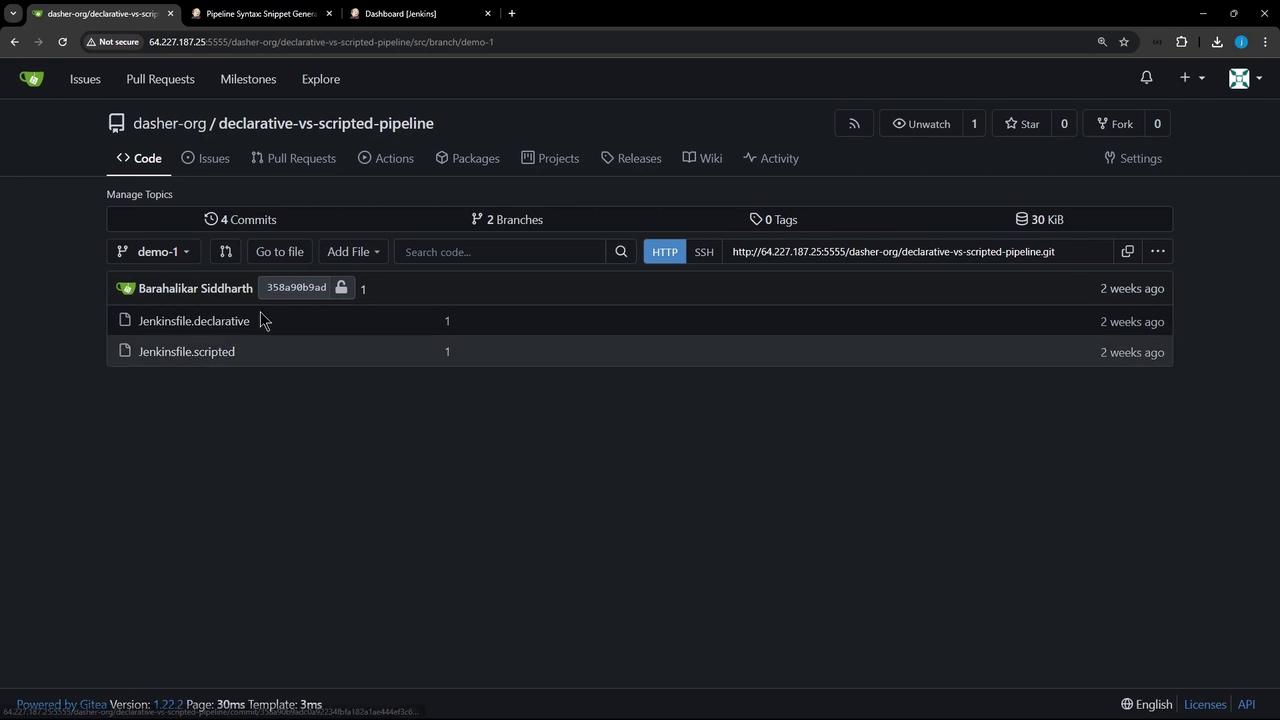The image shows a Gitea repository interface for a project named "declarative-vs-scripted-pipeline" with two branches and files related to Jenkins pipelines.