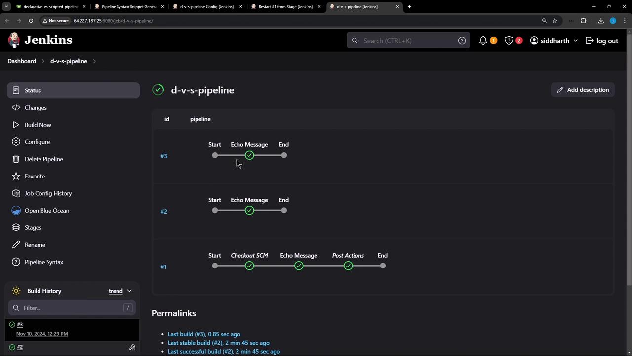 The image shows a Jenkins dashboard displaying the status of a pipeline named "d-v-s-pipeline," with stages like "Start," "Echo Message," and "End." The interface includes options for configuring and managing the pipeline, along with build history and permalinks.