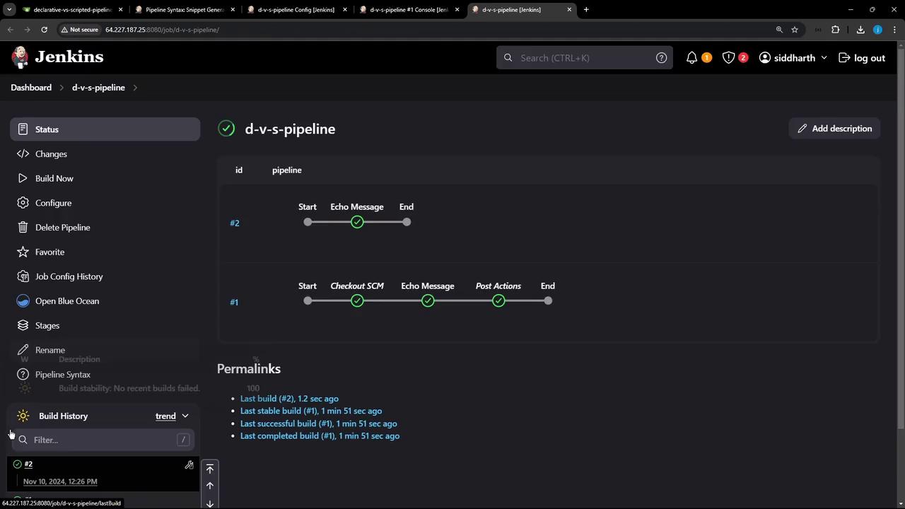 The image shows a Jenkins dashboard displaying the status of a pipeline named "d-v-s-pipeline," with stages like "Start," "Echo Message," and "End." It includes build history and permalinks for recent builds.