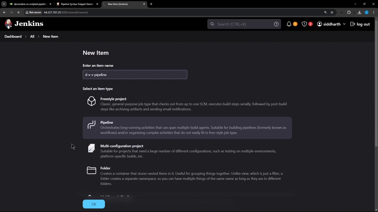 The image shows a Jenkins interface for creating a new item, with options to select different project types such as Freestyle project, Pipeline, Multi-configuration project, and Folder. The user has entered "d-v-s-pipeline" as the item name.