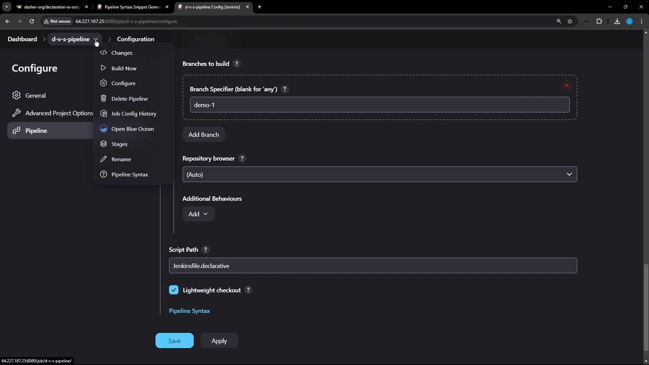 The image shows a Jenkins configuration screen for a pipeline, with options to specify branches, repository browser, and script path. There are buttons for saving and applying changes.