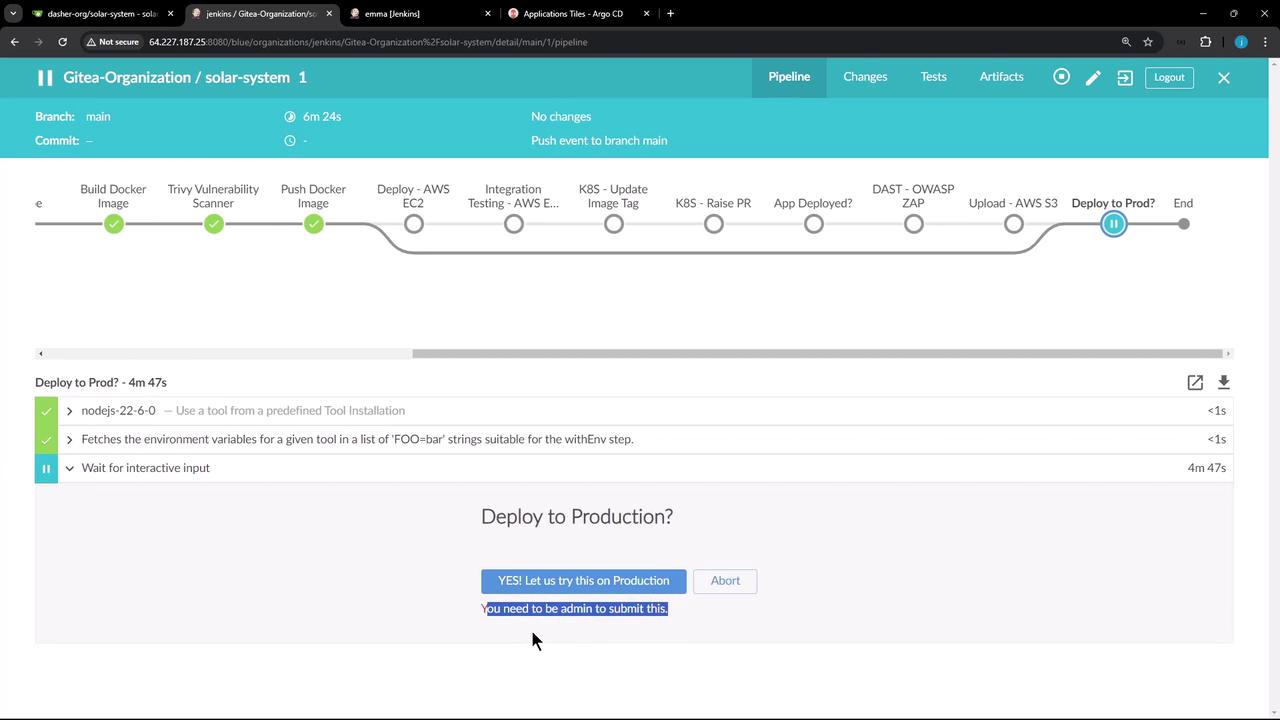 The image shows a Jenkins pipeline interface with various stages of deployment, including a prompt asking if the application should be deployed to production.