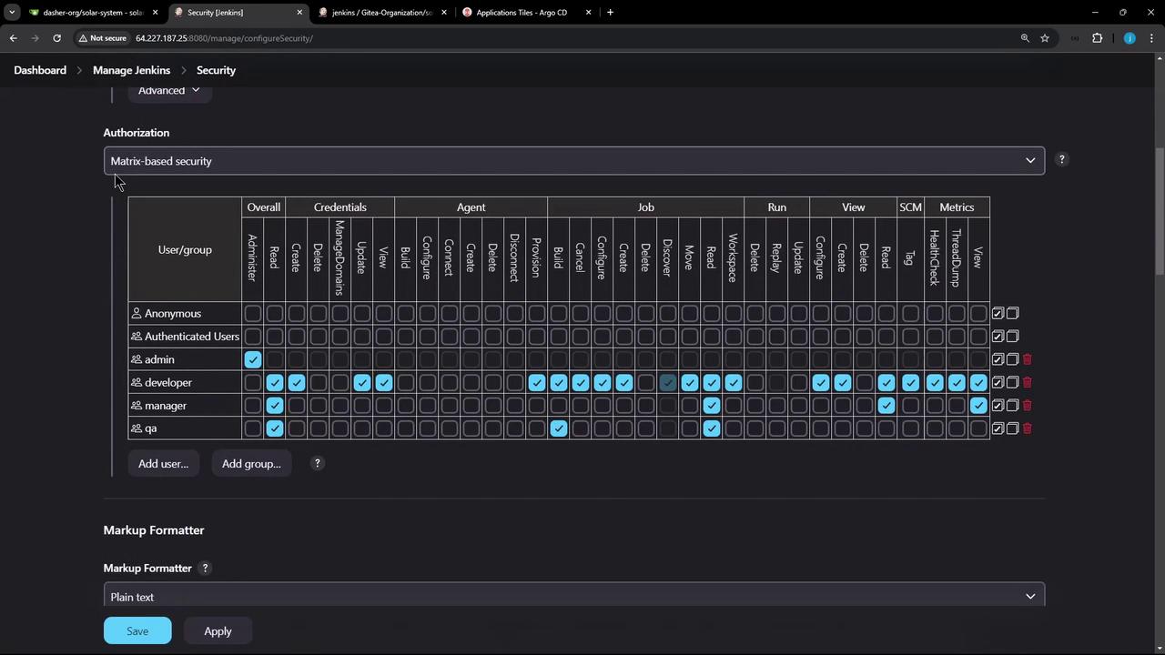 The image shows a Jenkins security configuration screen with a matrix-based security setup, displaying permissions for different user groups such as admin, developer, manager, and QA. Various permissions are checked for each user group across categories like Overall, Credentials, Agent, Job, Run, View, SCM, and Metrics.