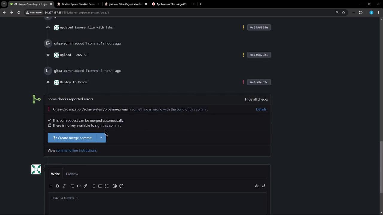 The image shows a pull request interface with a list of commits and a warning about a build error. There is an option to create a merge commit despite the error.