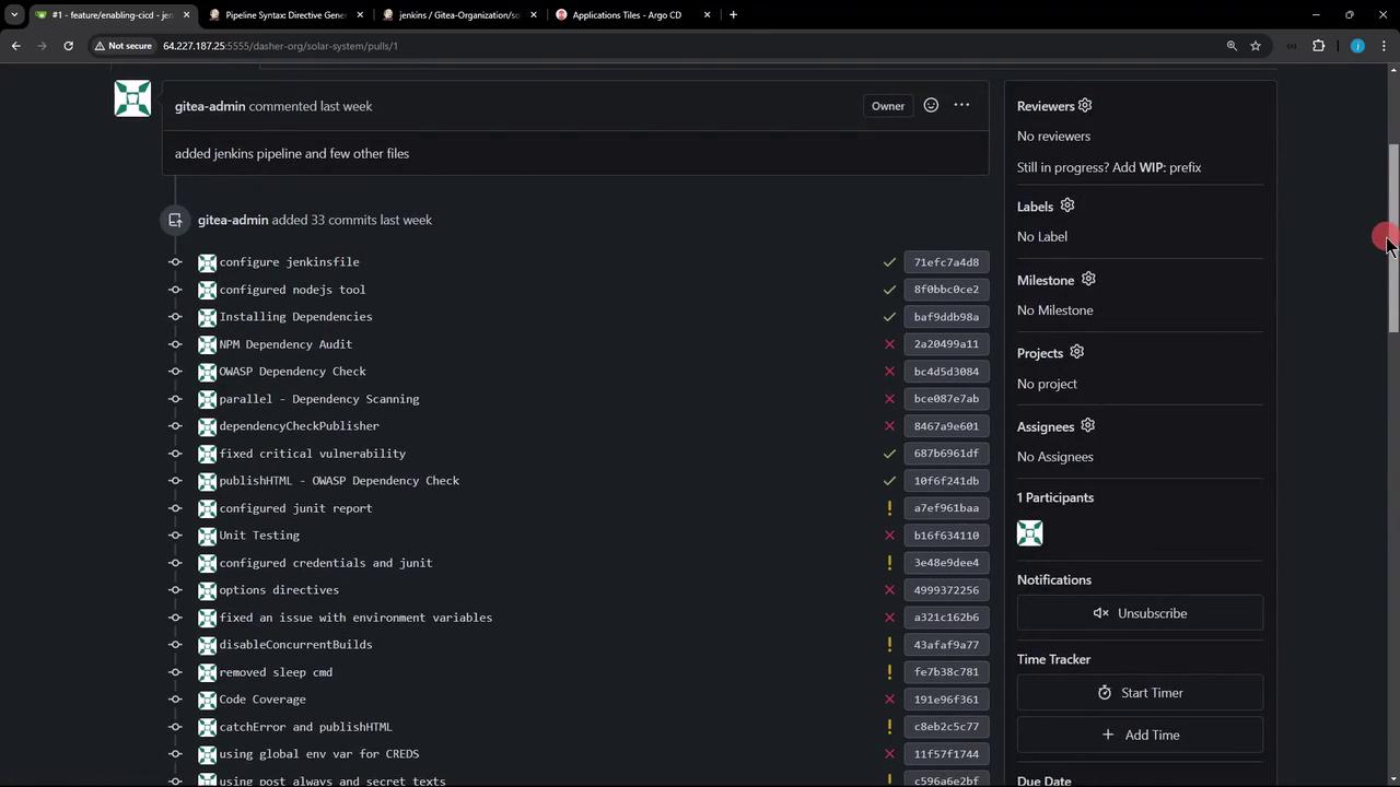 The image shows a pull request interface from a code repository, listing multiple commits with their statuses, and a sidebar with details like reviewers, labels, and participants.