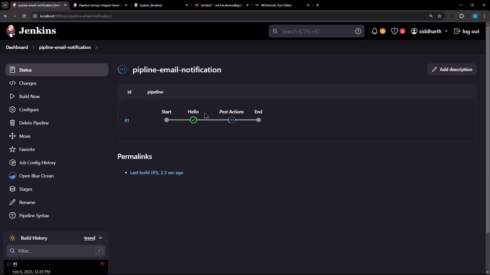 The image shows a Jenkins dashboard displaying the status of a pipeline named "pipeline-email-notification," with stages labeled Start, Hello, Post Actions, and End. The interface includes options for configuring and managing the pipeline.