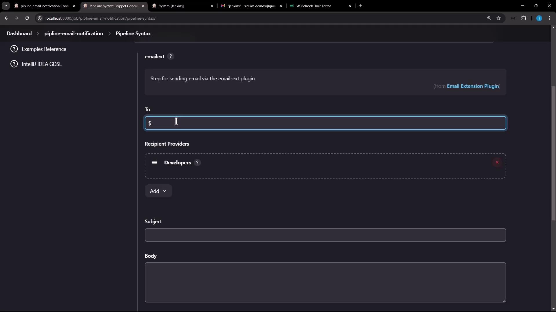 The image shows a Jenkins pipeline syntax configuration screen for setting up email notifications using the email-ext plugin. It includes fields for specifying recipients, subject, and body of the email.