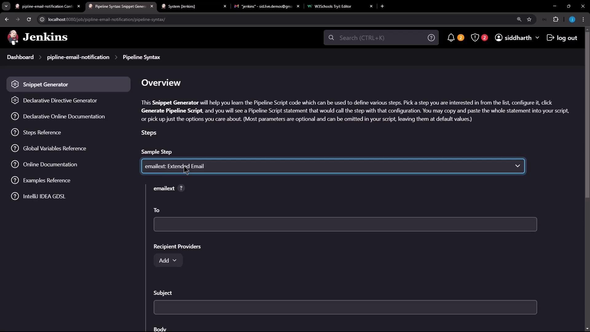 The image shows a Jenkins interface with the "Snippet Generator" for configuring an "Extended Email" step in a pipeline script. It includes fields for email details like "To," "Subject," and "Body."