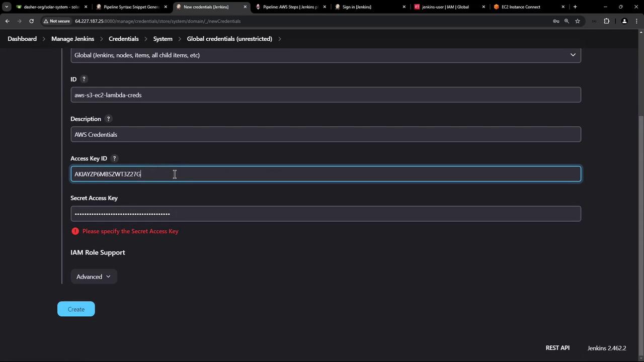 The image shows a Jenkins interface where AWS credentials are being configured, including fields for an Access Key ID and a Secret Access Key.