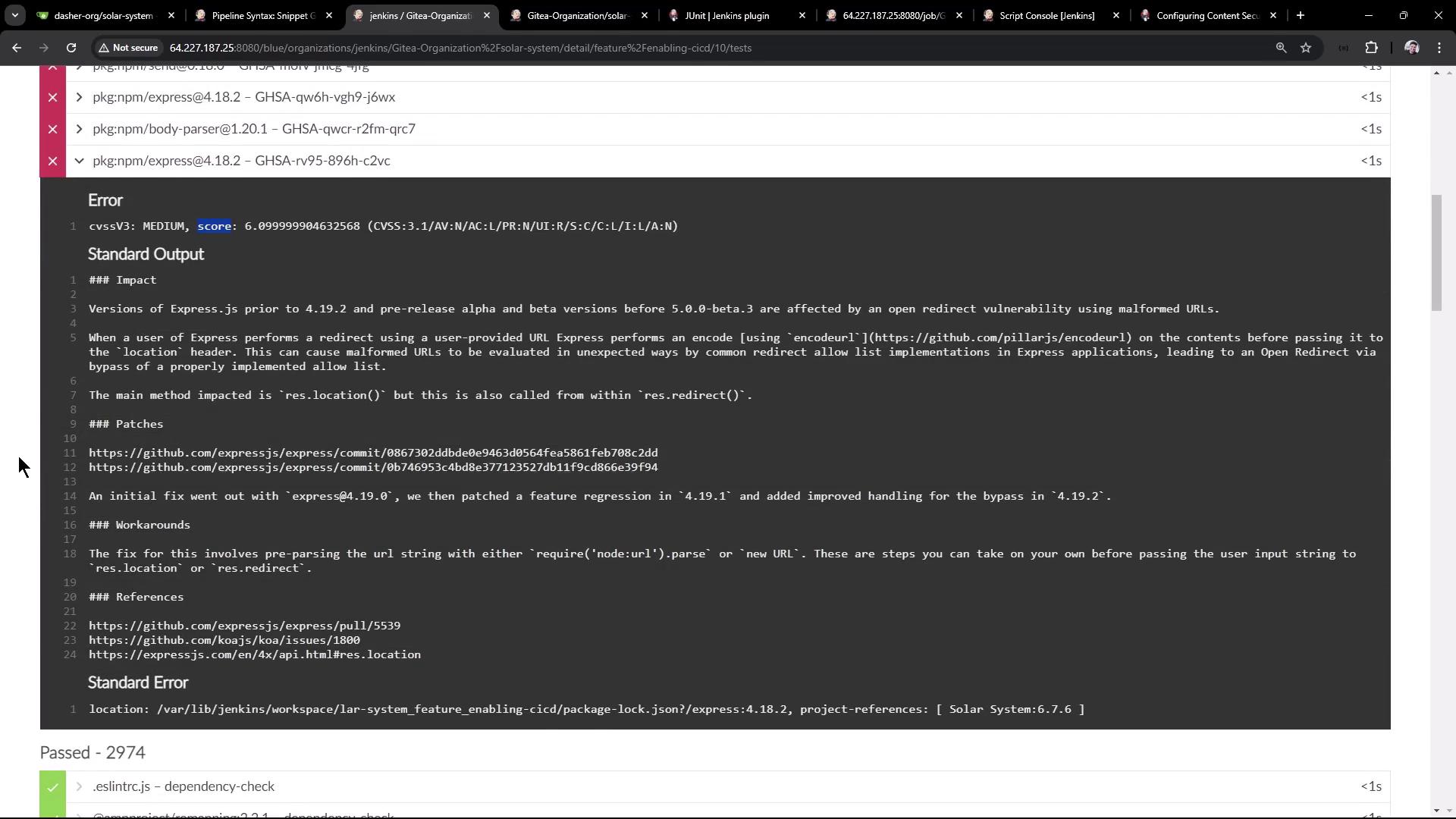 The image shows a web interface displaying an error message related to a security vulnerability in Express.js, detailing its impact, patches, and workarounds. It also includes a CVSS score and references for further information.