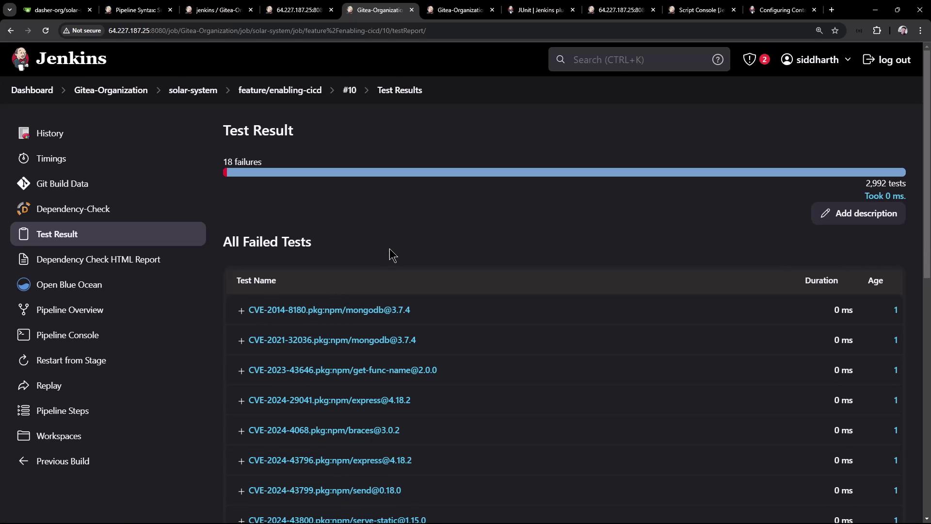 The image shows a Jenkins dashboard displaying test results, with 18 failures out of 2,992 tests. A list of failed tests is visible, each with details like test name, duration, and age.