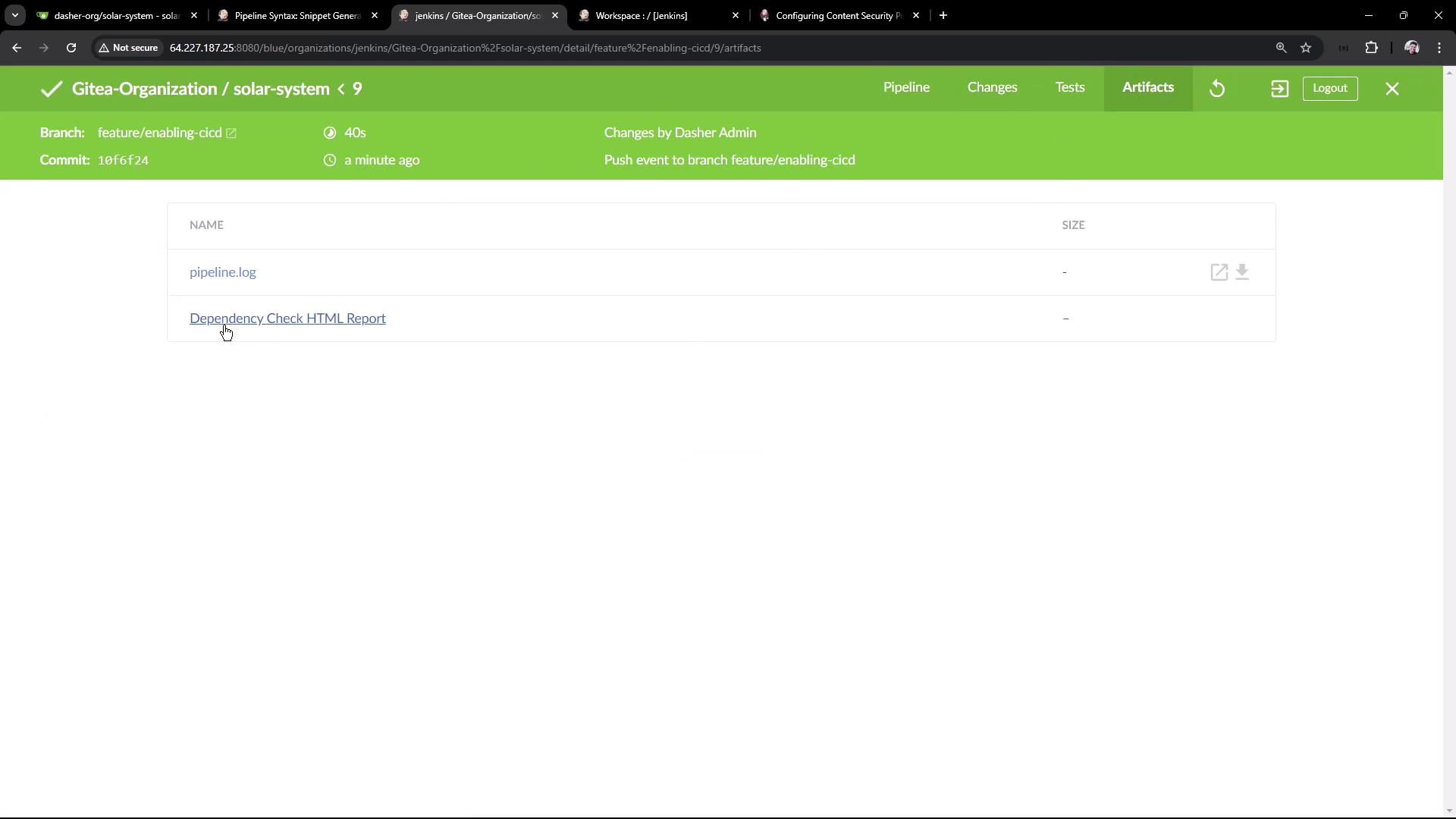 The image shows a Jenkins interface displaying artifacts for a project in the "Gitea-Organization" with links to a "pipeline.log" and a "Dependency Check HTML Report."