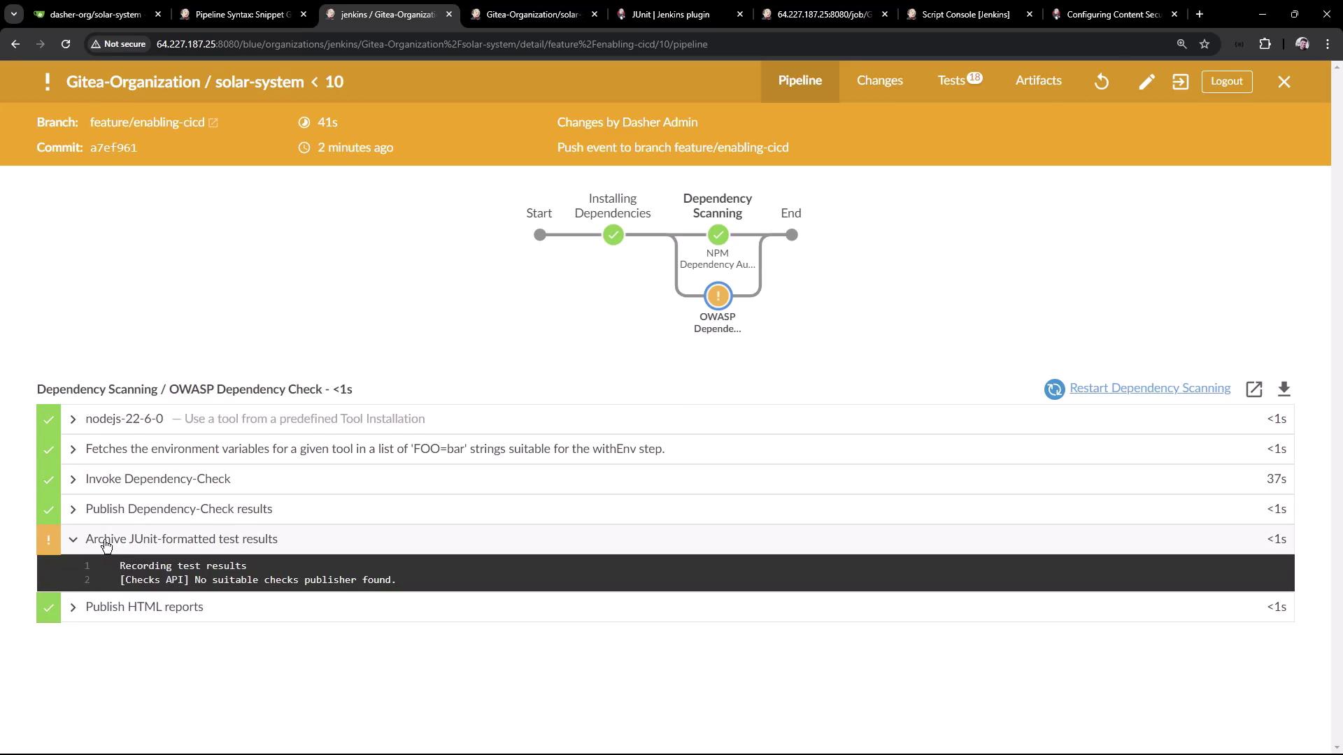 The image shows a Jenkins pipeline interface for a project named "solar-system," displaying a dependency scanning process with a warning related to JUnit-formatted test results.