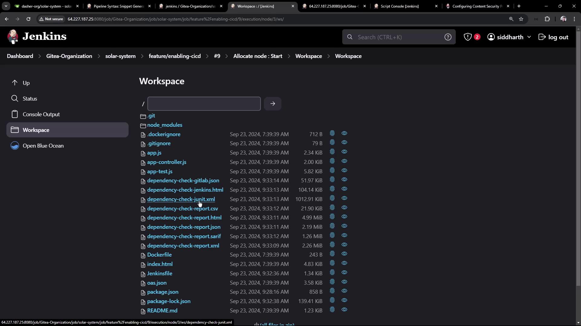 The image shows a Jenkins workspace interface displaying a list of files and directories with their names, sizes, and modification dates.