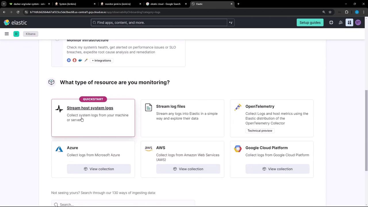 The image shows a webpage from Elastic, asking "What type of resource are you monitoring?" with options for monitoring system logs, log files, OpenTelemetry, Azure, AWS, and Google Cloud Platform.