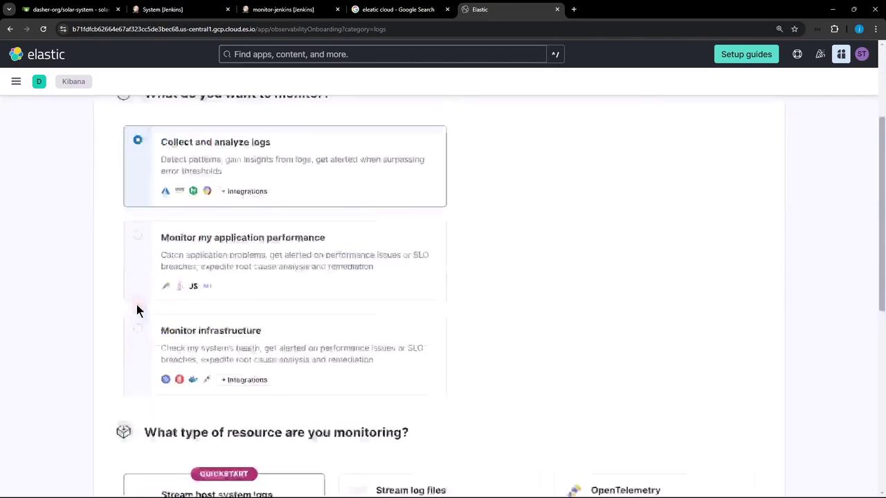 The image shows a webpage from Elastic's observability onboarding, offering options to collect and analyze logs, monitor application performance, and monitor infrastructure. There are multiple browser tabs open at the top.