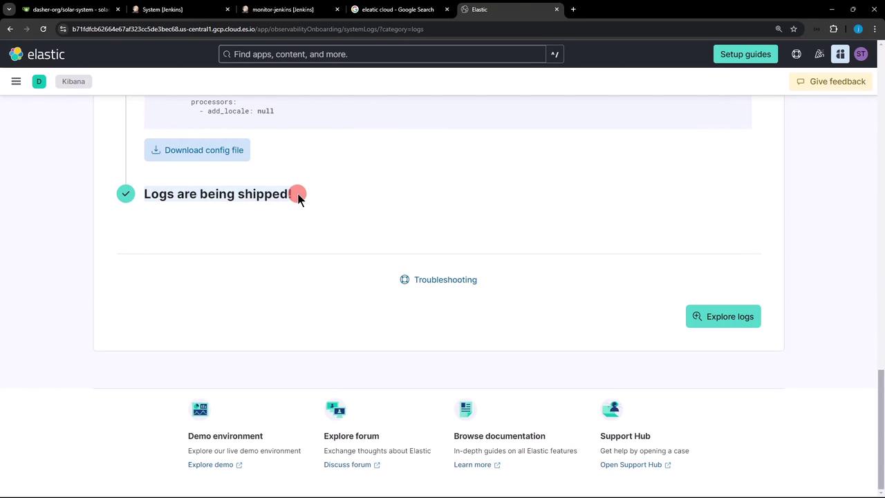 The image shows a webpage from Elastic's Kibana interface indicating that logs are being shipped, with options for downloading a config file, troubleshooting, and exploring logs.