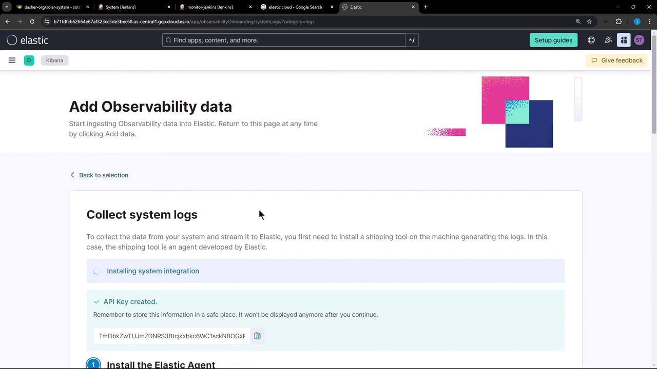 The image shows a webpage from Elastic's Kibana interface, guiding users on how to add observability data by collecting system logs. It includes instructions for installing an Elastic Agent and mentions an API key creation.