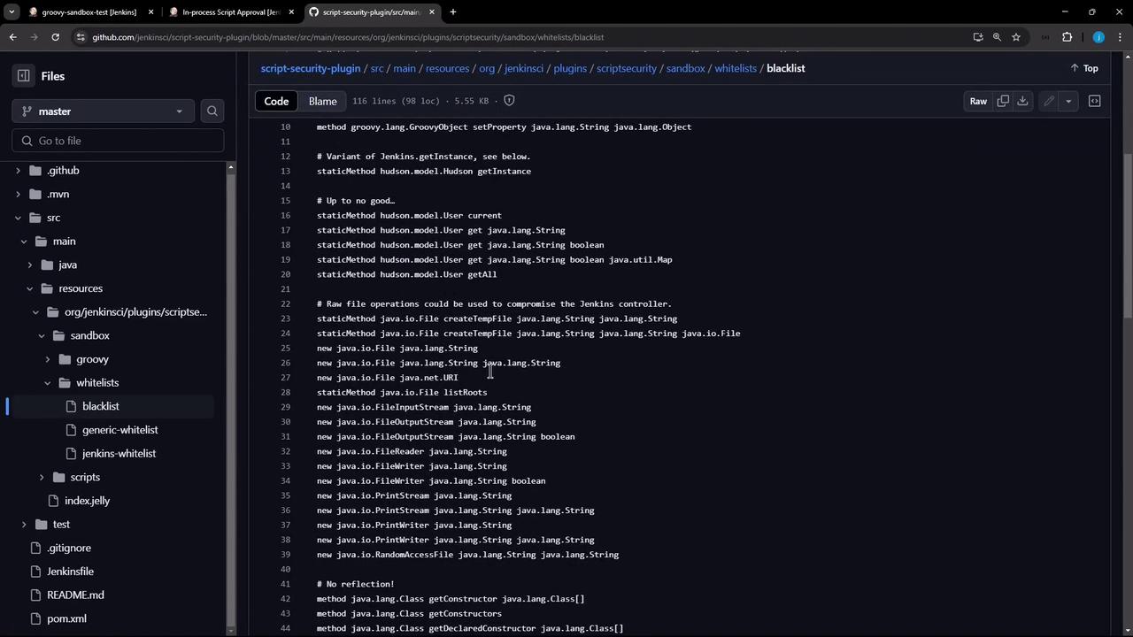 The image shows a GitHub repository page displaying a file named "blacklist" from the "script-security-plugin" project. The file contains a list of Java methods and classes related to security restrictions in Jenkins.