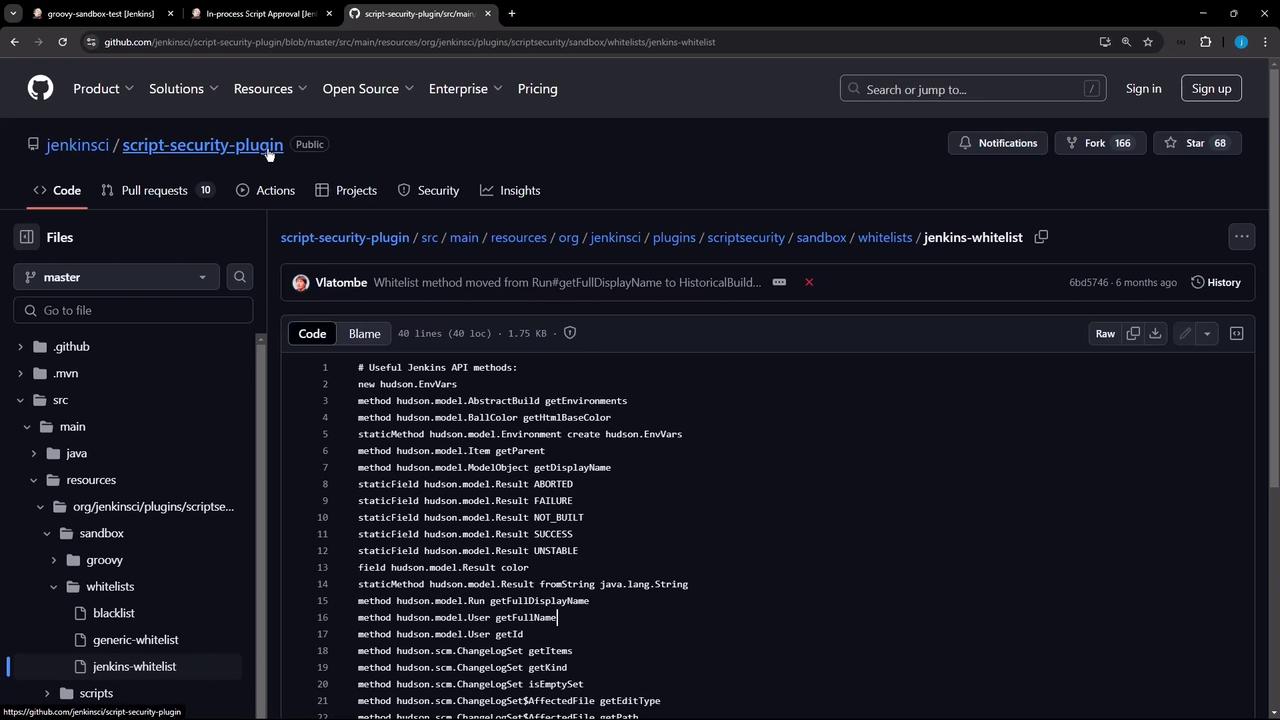 The image shows a GitHub repository page for the "script-security-plugin" by "jenkinsci," displaying a file named "jenkins-whitelist" with a list of Jenkins API methods. The interface includes navigation options and a code viewer.
