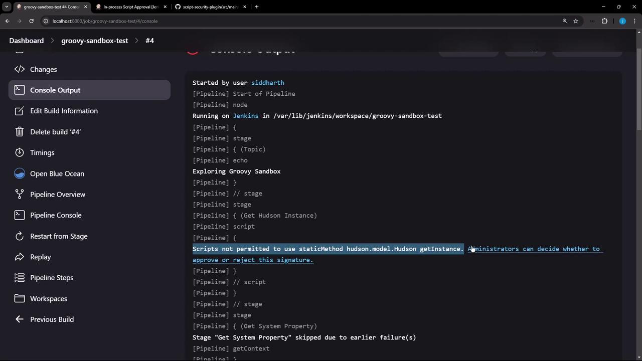 The image shows a Jenkins console output with a Groovy script execution, highlighting a permission error related to using a static method. The sidebar includes options like "Open Blue Ocean" and "Pipeline Overview."