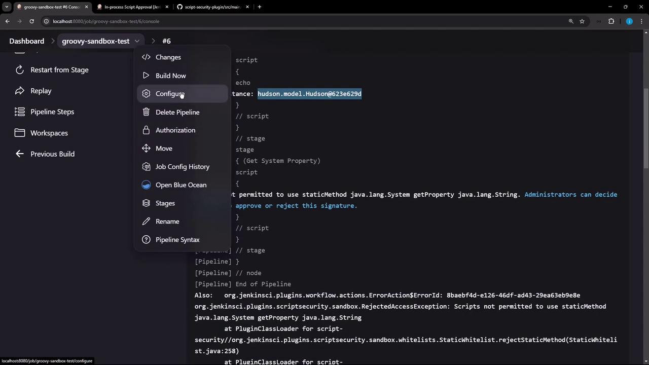 The image shows a Jenkins console interface with a dropdown menu open, displaying options like "Configure" and "Delete Pipeline." The console output includes a script error message related to permission issues with Java methods.