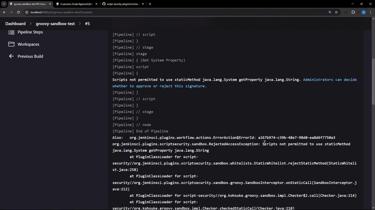 The image shows a Jenkins console output with a script error message indicating that a script is not permitted to use a specific Java method. It suggests that administrators can decide whether to approve or reject the signature.