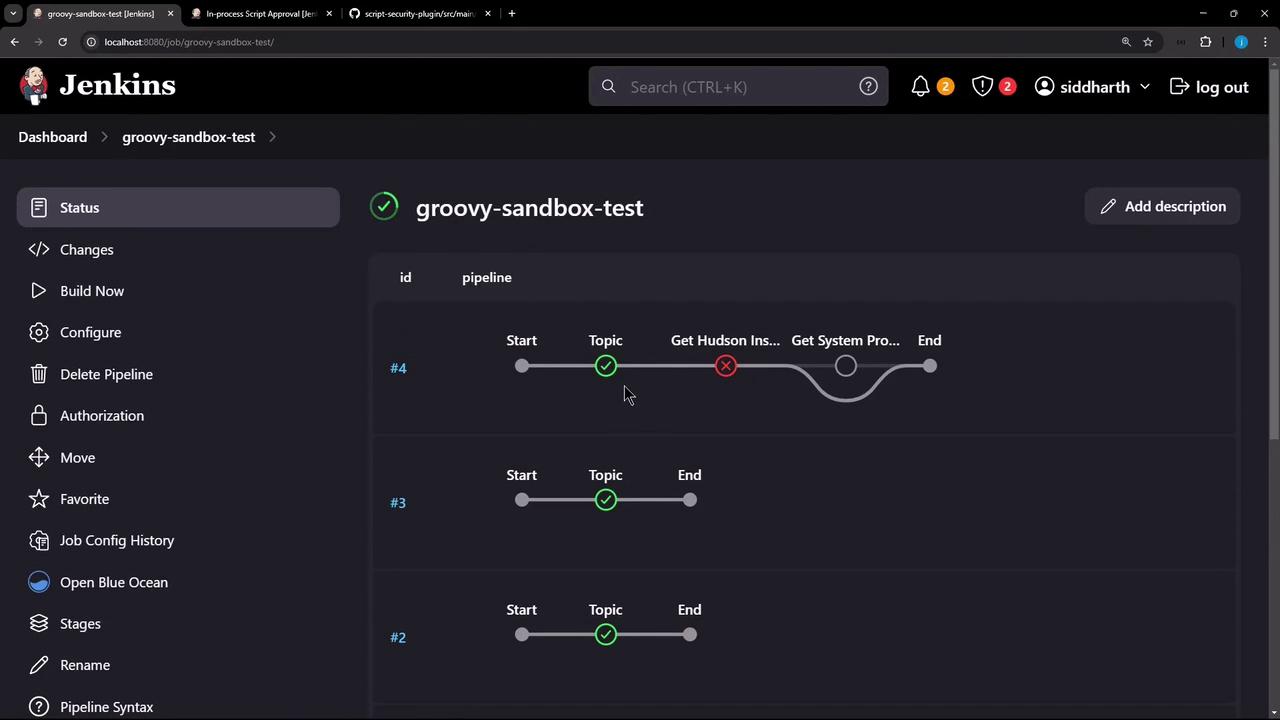 The image shows a Jenkins dashboard displaying the status of a pipeline named "groovy-sandbox-test," with various stages and their completion statuses.