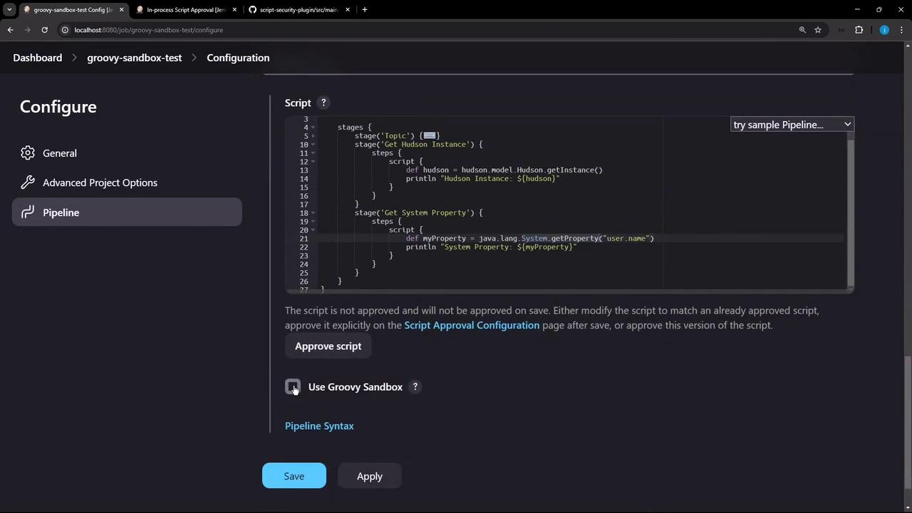 The image shows a configuration screen for a Jenkins pipeline, displaying a Groovy script with stages to get a Hudson instance and a system property. There are options to approve the script and use the Groovy sandbox.